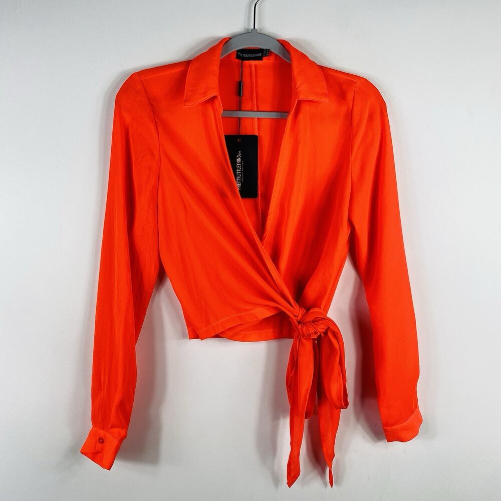 Prettylittlething Top 2 Neon Orange Wrap Front Side Tie Blouse Long Sleeve